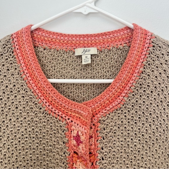 J Jill Linen Open Knit Crochet Cardigan Beige Granny Square Size Medium Petite - Picture 4 of 11